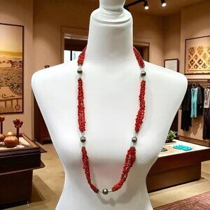 CAROLYN POLLACK Triple Strand Natural Red Coral Nugget .925 Native Pearl Beads